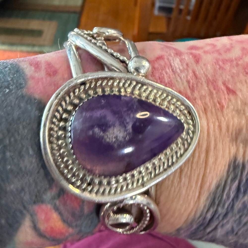 New 💜 Sterling Navajo Amethyst Cuff Bracelet Signed Native American - Picture 7 of 7